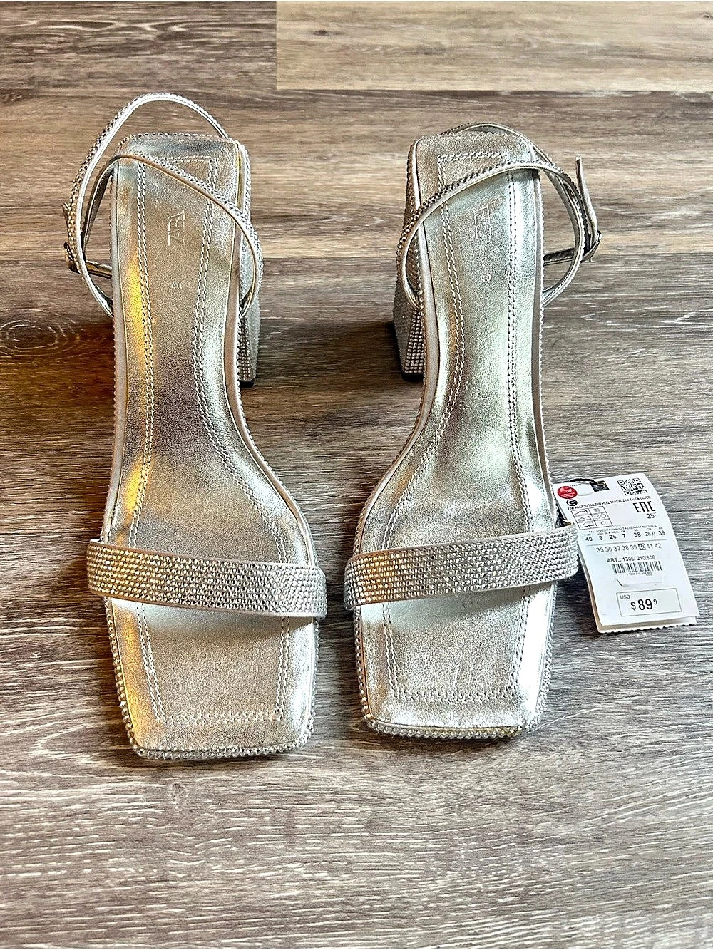 Zara Rhinestone Block Heel Sandals Silver